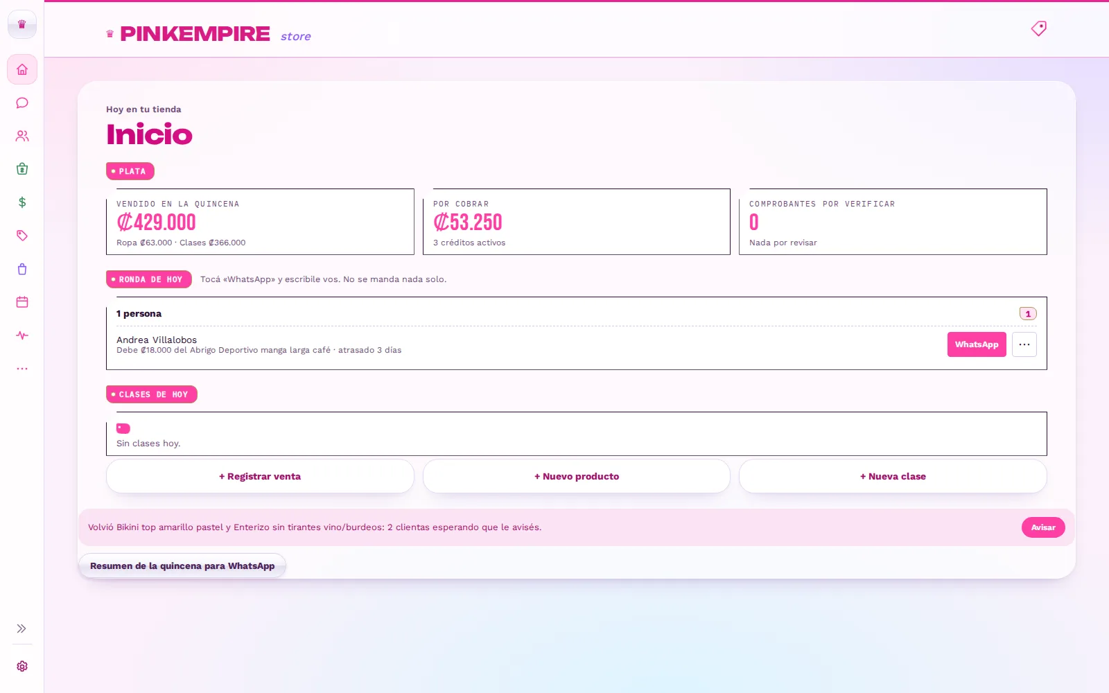 Inicio del panel de tienda con ventas de la quincena, datos de ejemplo
