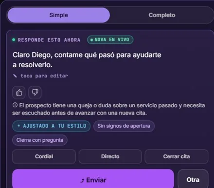 Nova sugiriendo la respuesta para un cliente, con el tono ajustado al negocio