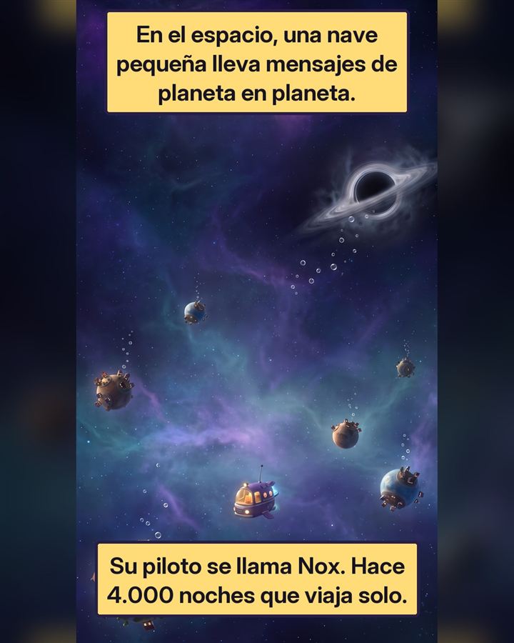 Una nave pequeña lleva mensajes de planeta en planeta. Su piloto se llama Nox.