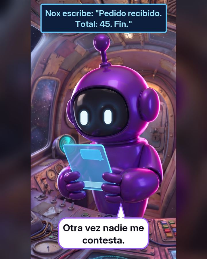 Nox escribe: Pedido recibido. Total: 45. Fin. Nadie le contesta.