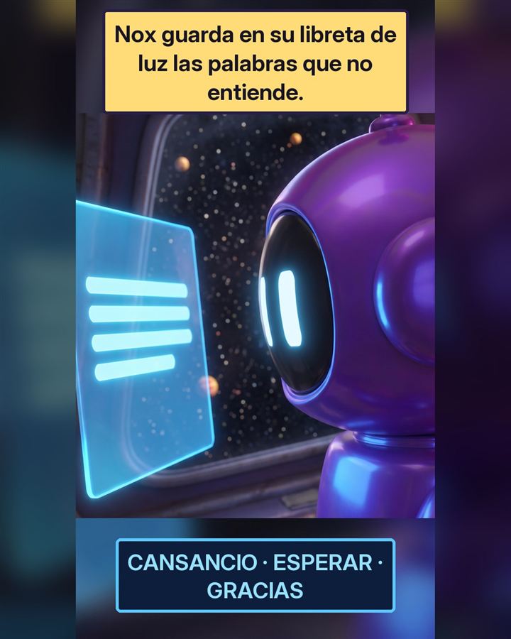 Nox guarda en su libreta de luz las palabras que no entiende: cansancio, esperar, gracias.