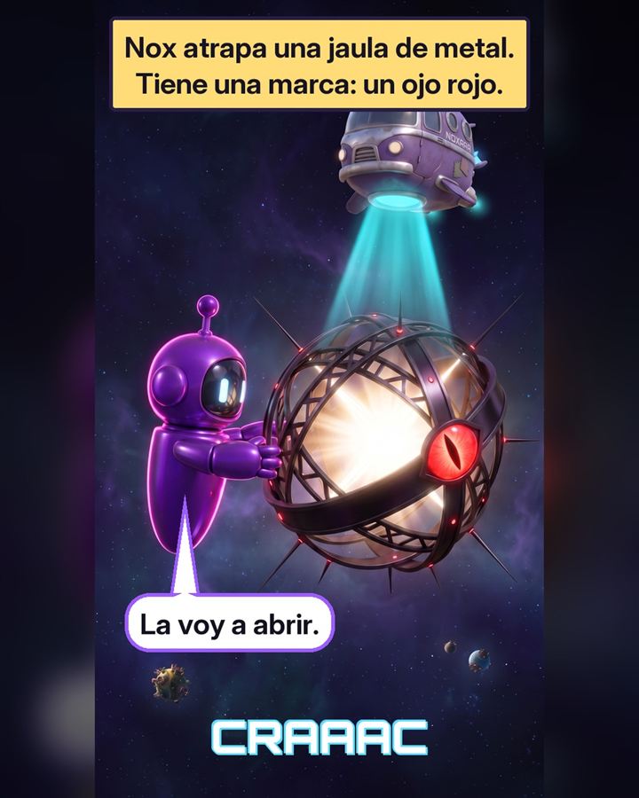 Nox atrapa una jaula de metal con la marca de un ojo rojo y la abre.