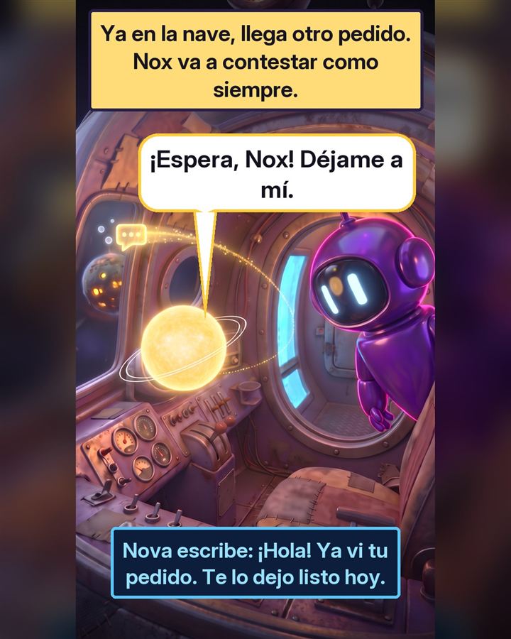 Llega otro pedido. Nova le pide a Nox que la deje contestar y escribe con cariño.