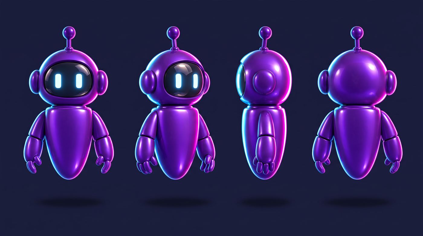 Nox-Bot visto de frente, de tres cuartos, de lado y de espaldas. Robot violeta que flota, con visor negro y dos barras de luz como ojos.