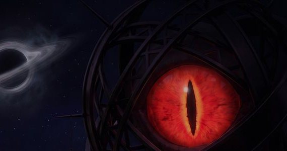 Un ojo rojo con una rendija vertical mira desde la oscuridad.